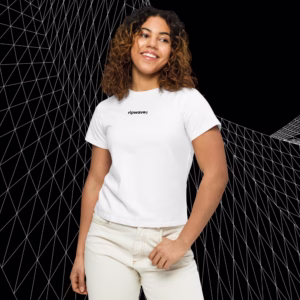 Women’s High-Waisted T-shirt; White with Black Logo